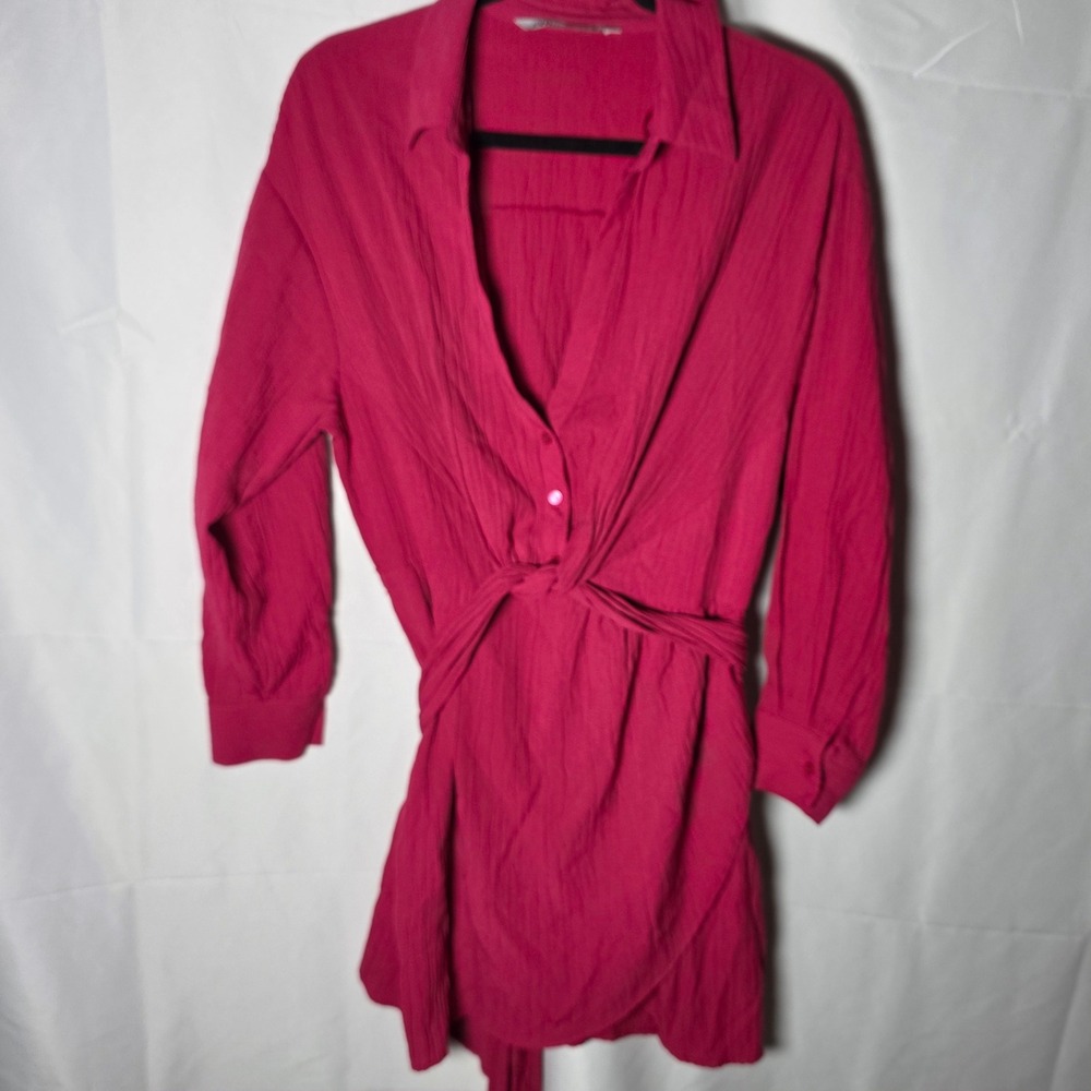 ZARA‎ Fuchsia Pink Crinkle Textured Button Front Twist Waist Shirt Dress Midi L